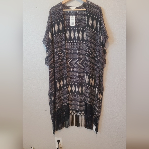 💚5/$25 NWT FV21 Boho Open Front Woven Cardigan Fringe Duster Kimono Size Medium - Picture 4 of 6